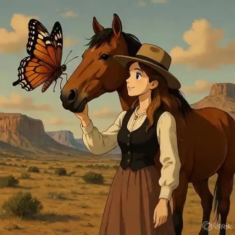 Ghibli style Wild West woman and butterfly video prompt
