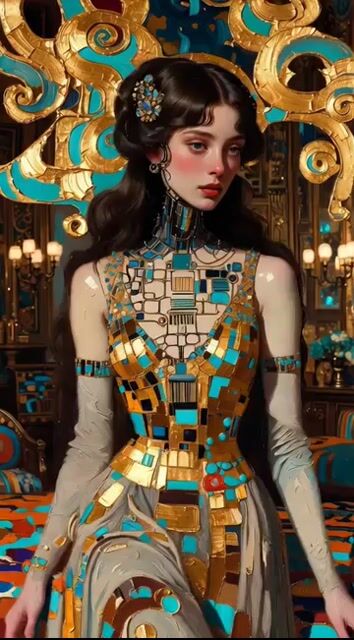 Impasto Oil Painting of Female Robot, Klimt Style
