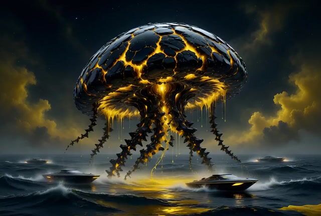 Cinematic Night Scene with Giant Bioluminescent Jellyfish