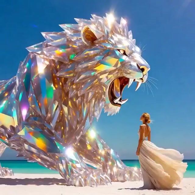 Grok Imagine Prompt: Crystal lion roaring on a white beach with an elegant woman