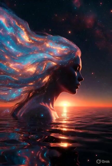 Woman's Profile Emerging from Cosmic Sunset