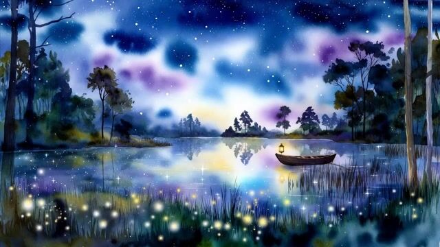 Watercolor forest lake under a starry sky with fireflies and a wooden boat