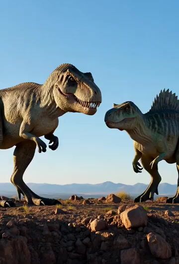 Grok Imagine prompt for a dramatic dinosaur fight scene