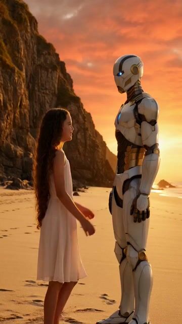 Little girl and guardian hug on the beach at sunset