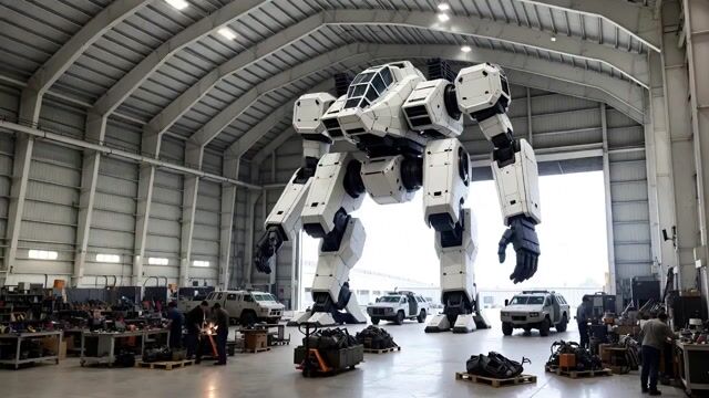 Video Generation Prompt: Mech in Aircraft Hangar