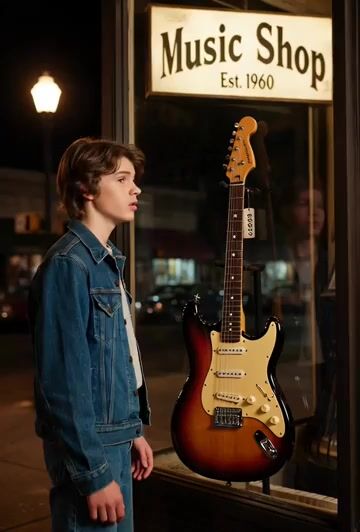 Grok Imagine Prompt: Teenager Looking at a Guitar in 1975