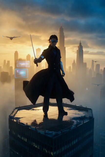 Cyberpunk samurai on a shattered skyscraper
