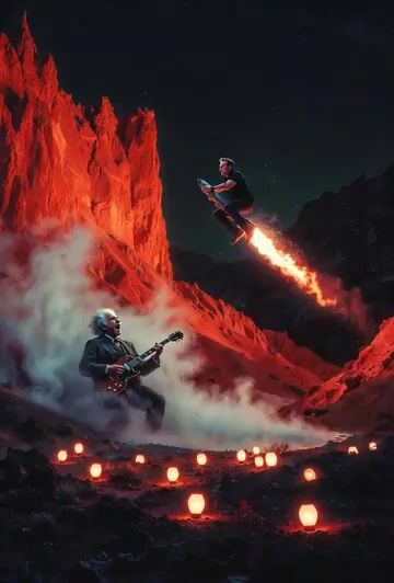 Surreal scene of Einstein playing electric guitar in Los Alamos