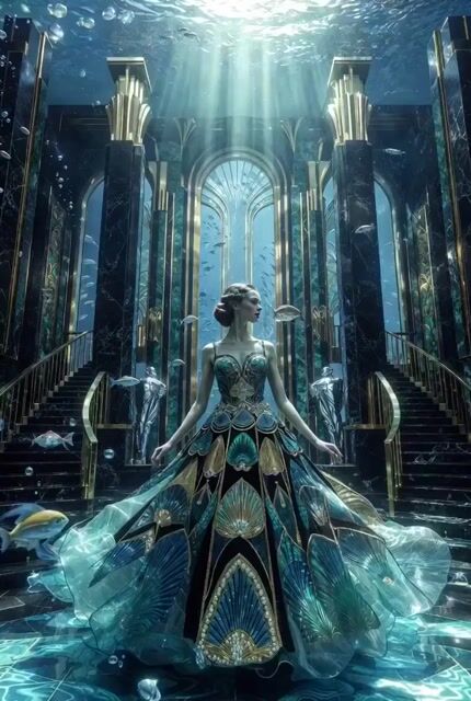 Continuous 30-second Art Deco underwater temple video