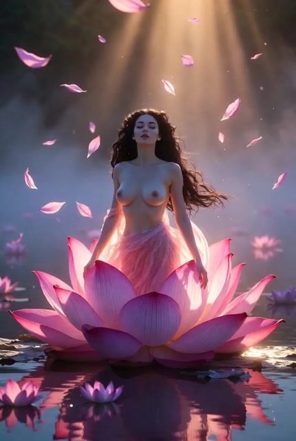 Grok Imagine Video Prompt: Goddess Rises from a Pink Lotus at Sunset