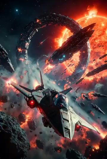 Intense Space Battle Scene with Starfighter and Alien Battle Station
