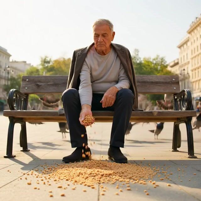 Elderly Man Feeding Pigeons Video Prompt