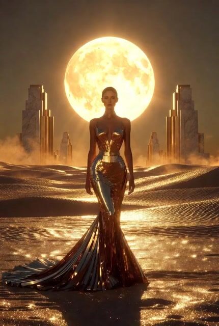 Art Deco desert goddess scene video prompt