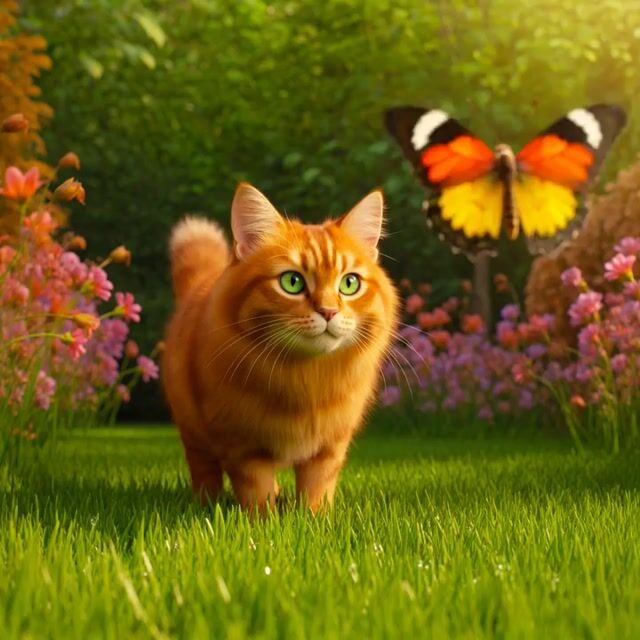 Tabby Cat Chasing a Butterfly in a Sunny Garden