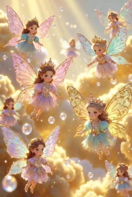 Chibi Fairy Superheroes in Golden Clouds