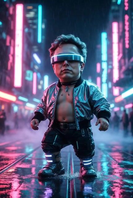Baby Elon Musk as a techno prodigy in cyberpunk avenue