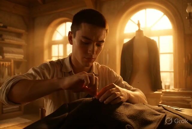 Photorealistic cinematic portrait of a young tailor