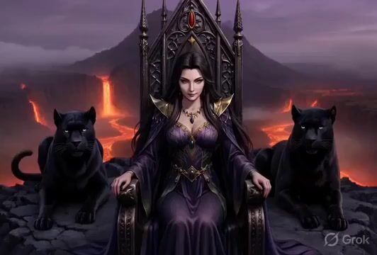 Grok Imagine Video Prompt: Conan-esque Queen on a Volcano Throne