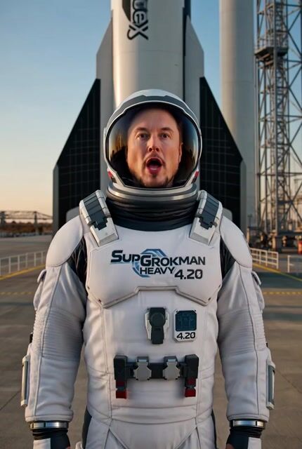 Elon Musk blasting off to Mars in a SuperGROKMAN HEAVY 4.20 space suit