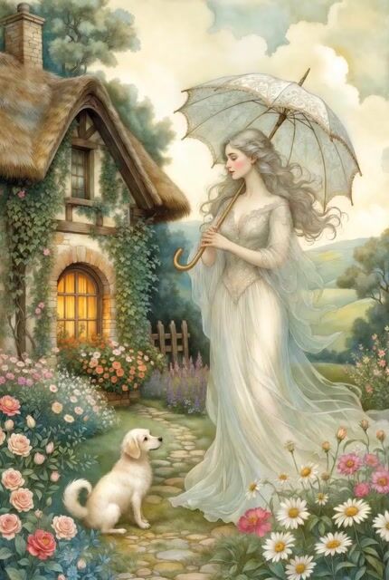 Grok Imagine Ethereal Woman and Bear Illustration Video Prompt