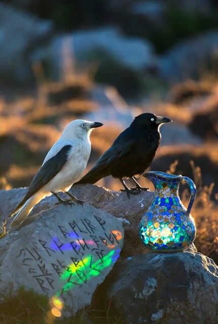 Crows on a rock with Celtic runes and glass mosaic jug