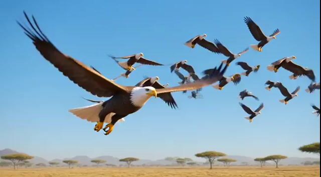 Grok Imagine prompt: Epic wildlife scene with eagles, lions, and a pig hunt