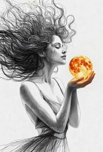 Pencil Sketch Woman Holding a Vivid Moon