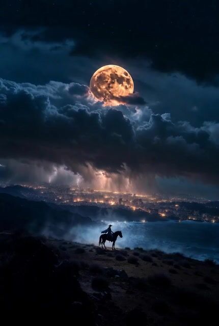 Cinematic night scene with cowgirl and hidden megacity prompt