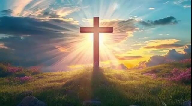 Video prompt for joyful and natural movement of clouds and sunlight around a cross