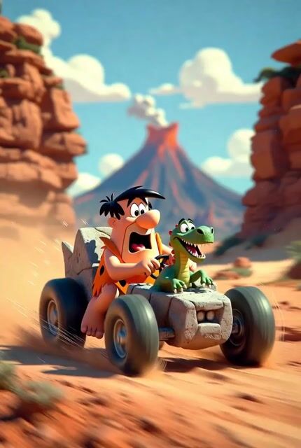 Flintstones style prehistoric car chase