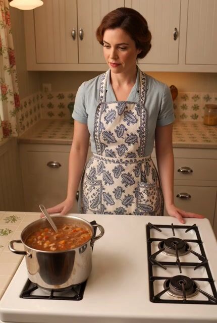 1950s kitchen scene with woman baking
