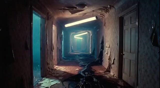 Hauntingly liminal hallway in a decaying apartment