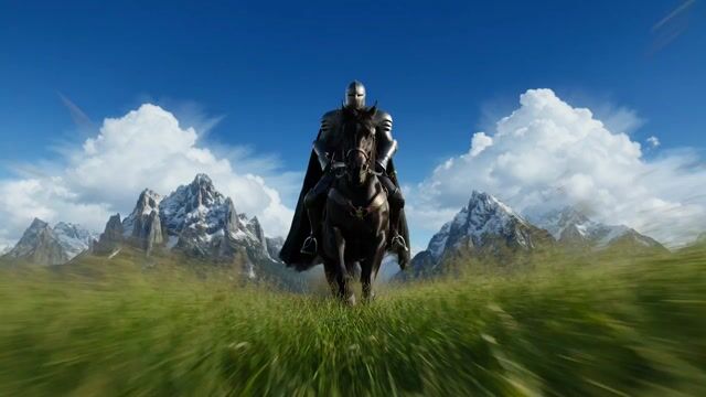 Dramatic low-angle cinematic prompt of a knight charging on a warhorse