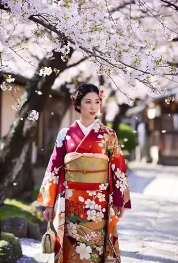 Beautiful Japanese Woman in Kimono under Cherry Blossoms