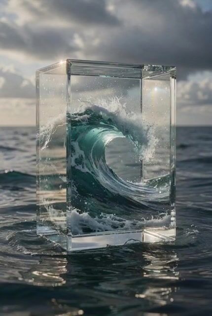 Hyper-Realistic Glass Box with Ocean Waves
