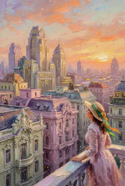 Impasto Oil Painting of a Layered City at Sunrise