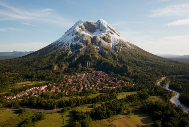 Volcanic eruption destroying a mountain town