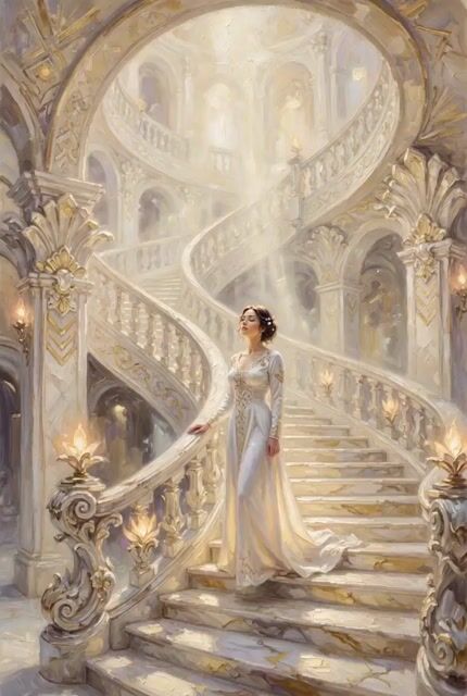 Woman on an endless staircase in baroque and deco architecture