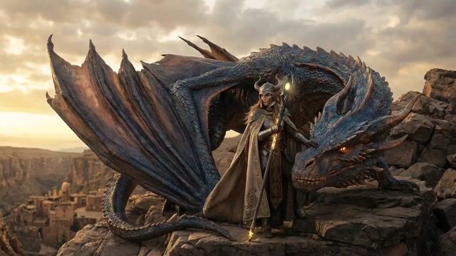 Cinematic video of a female warrior climbing onto a dragon and taking flight