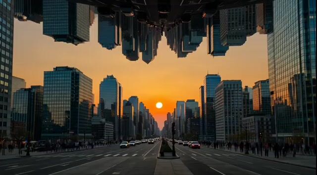 Grok Imagine prompt: A second city hangs upside down above a real one