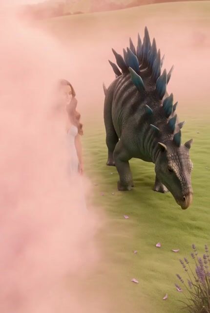 Woman in Pink Fog with Baby Blue Stegosaurus