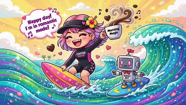 Chibi Girl Surfing on Vibrant Ocean Waves