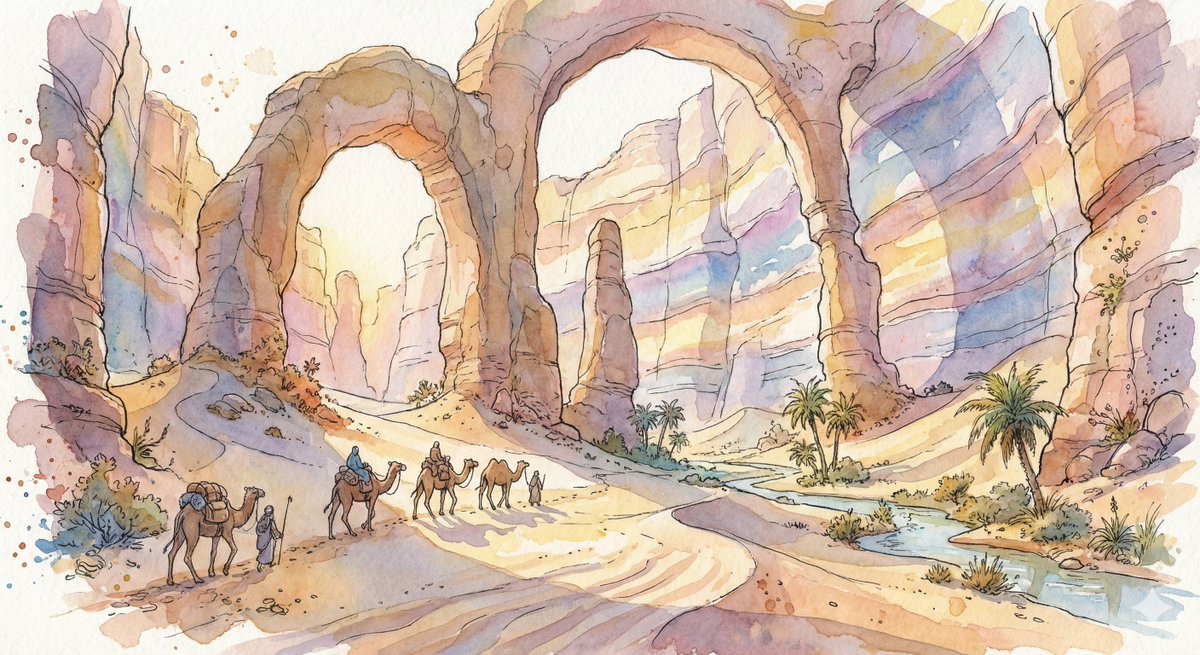 Fantasy Watercolor Illustration of an Immense Desert Canyon
