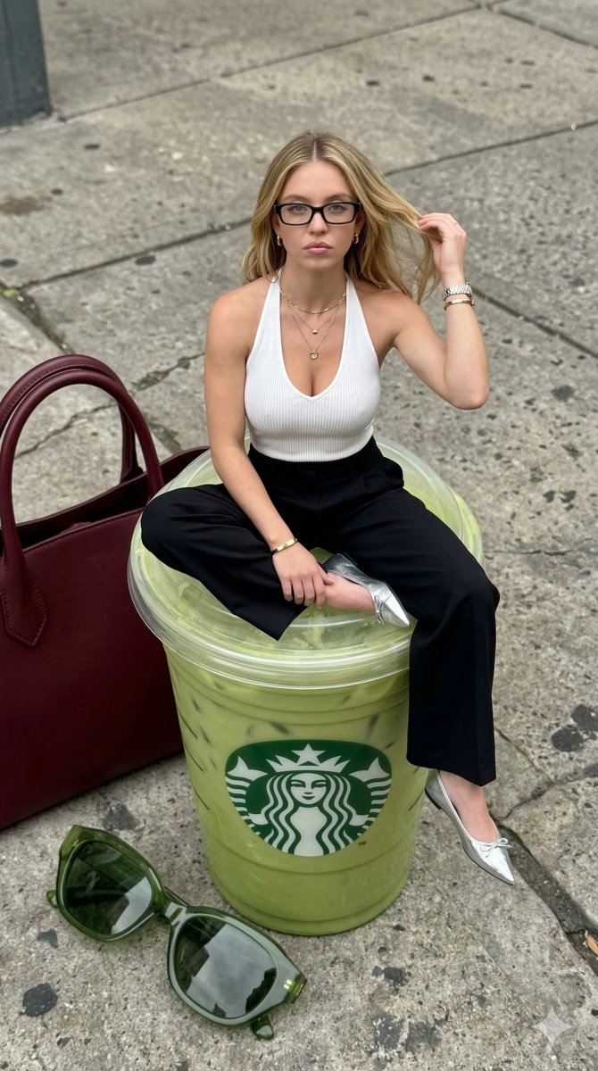 Surreal Miniature Photo on Giant Matcha Drink