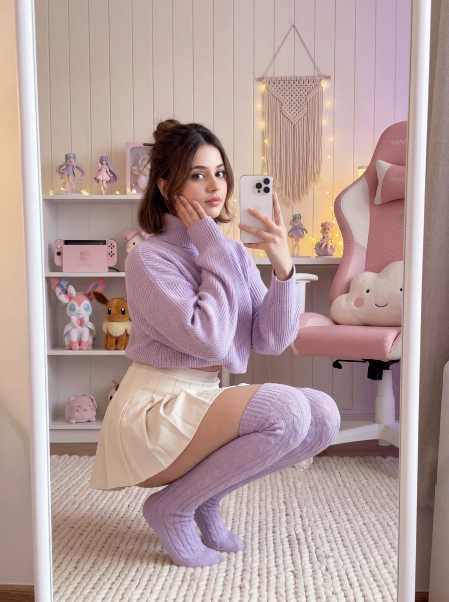 Soft Gamer Aesthetic Mirror Selfie in Lavender Light
