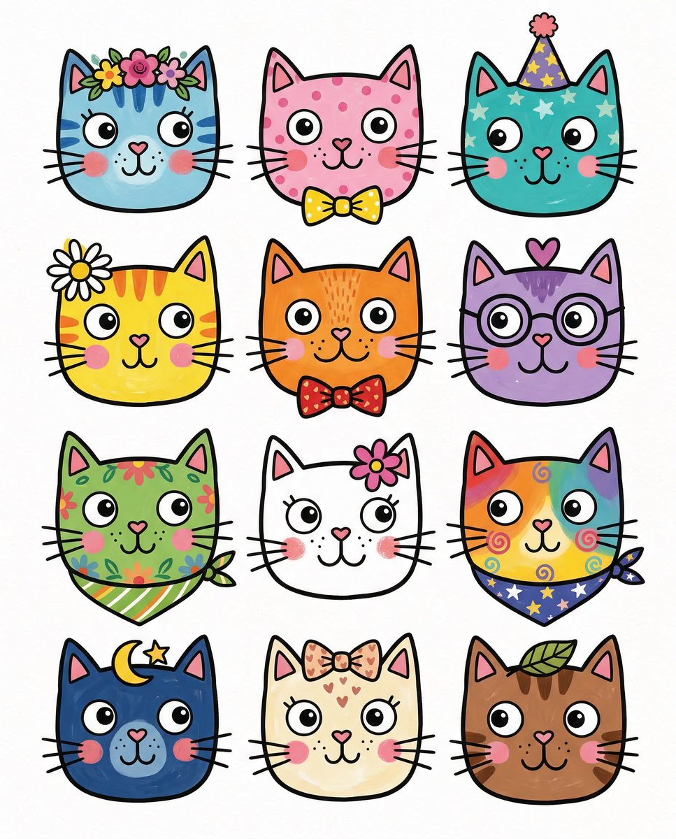 Stylized Grid of Whimsical Cat Faces