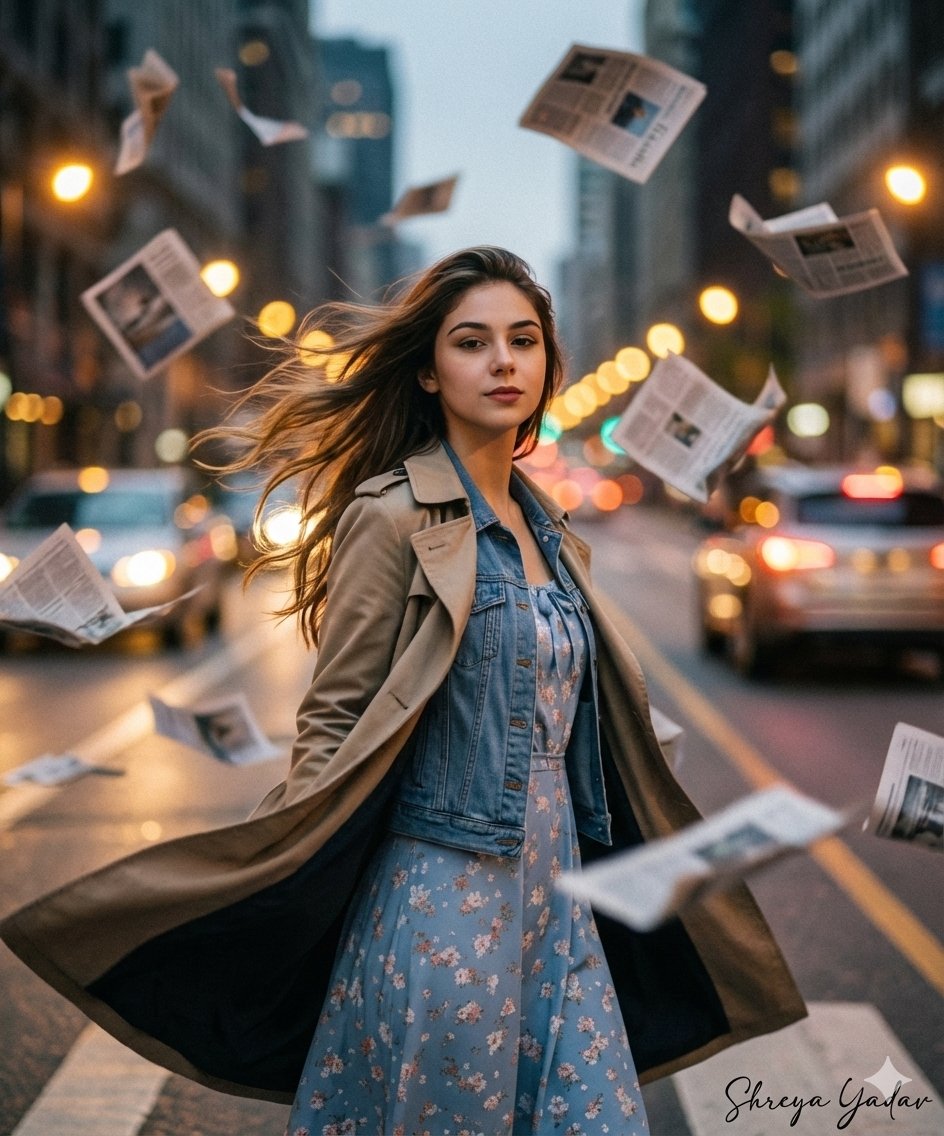 Cinematic fashion editorial in a windstorm