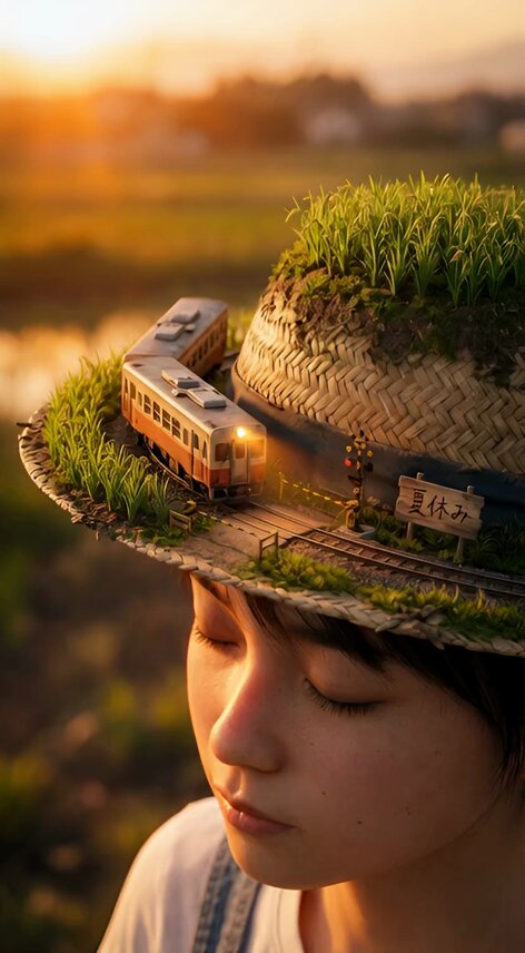 Head-top Diorama Prompt Example: Straw Hat and Summer Landscape