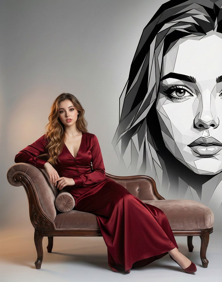 Elegant Portrait with Geometric Mural Contrast