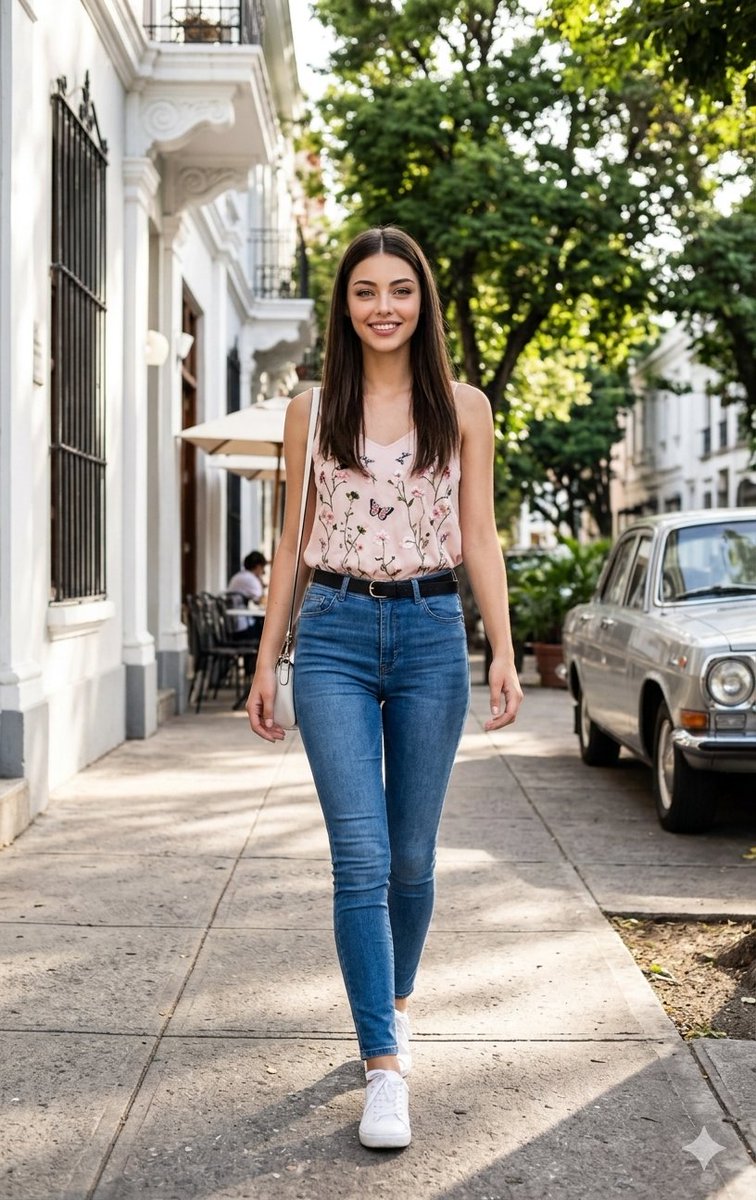 Woman Walking on City Sidewalk